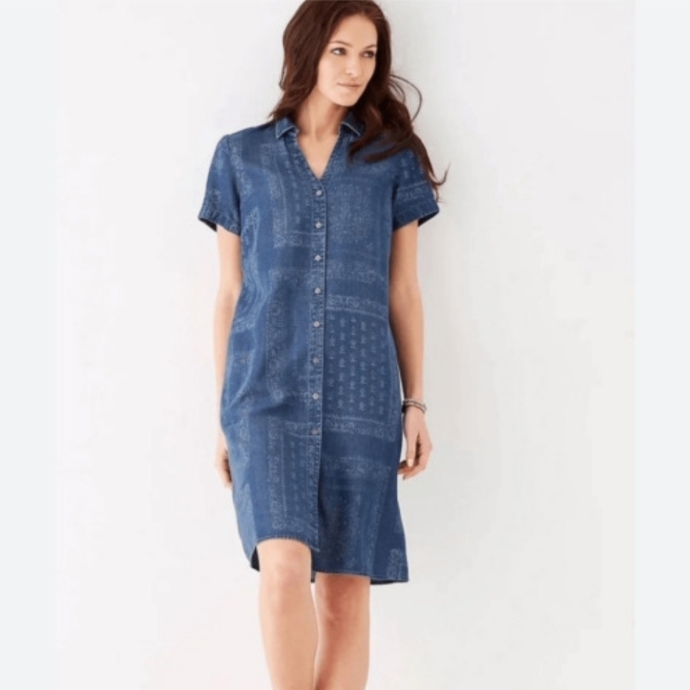 J. JILL Chambray Denim Shirt Dress Tencel Block Print Western Boho Cowgirl  S